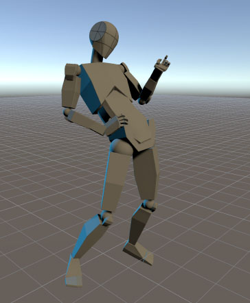 KinoPose's block mannequin posed to match a dancer in a reference photo.